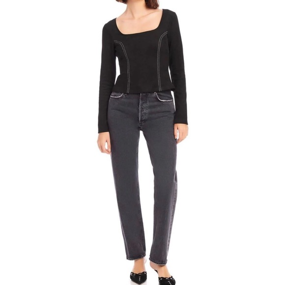 NWT Fifteen Twenty Faux Black Suede Stitch Long Sleeve Top, XS - Picture 2 of 4